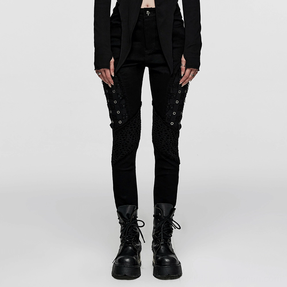 Black mesh grommet gothic skinny pants fit detail - slim silhouette engineered seaming