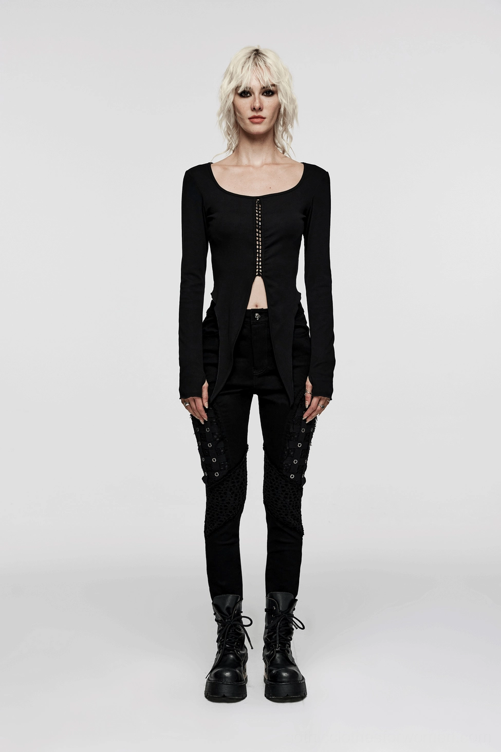 Black mesh grommet gothic skinny pants front full view - industrial goth design