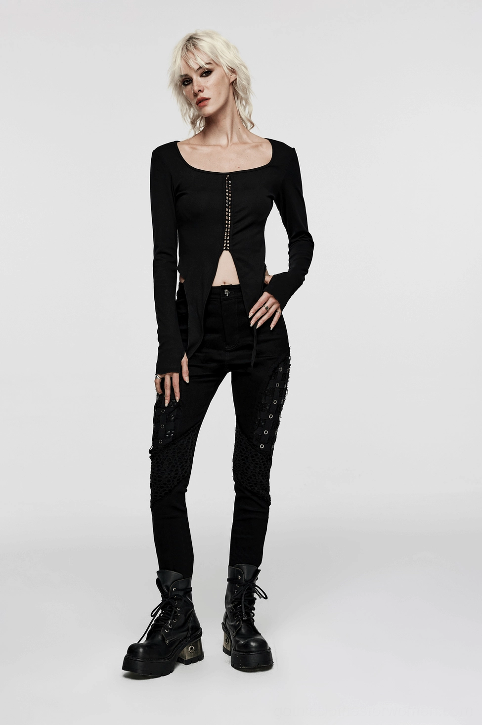 Black mesh grommet gothic skinny pants detail - geometric eyelet grommet placement