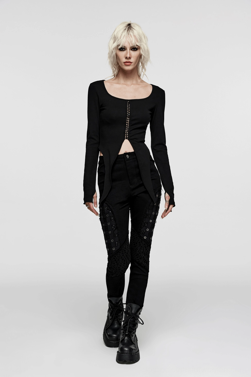 Black mesh grommet gothic skinny pants side profile - slim fit high waist construction