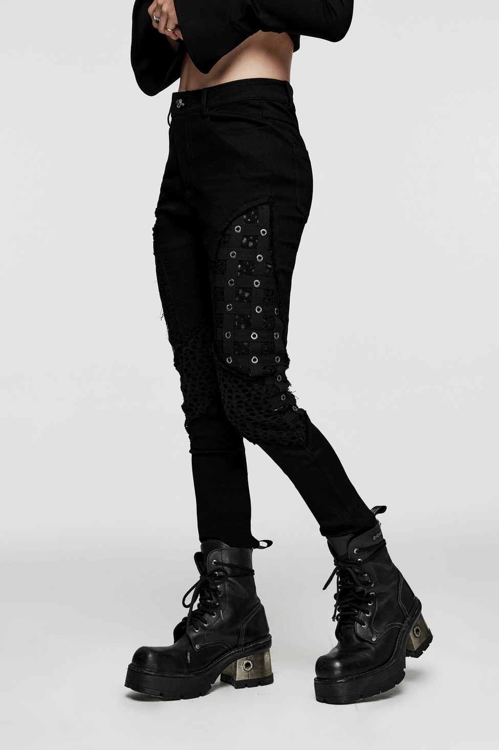 Black mesh grommet gothic skinny pants styling - dark fashion subculture aesthetic