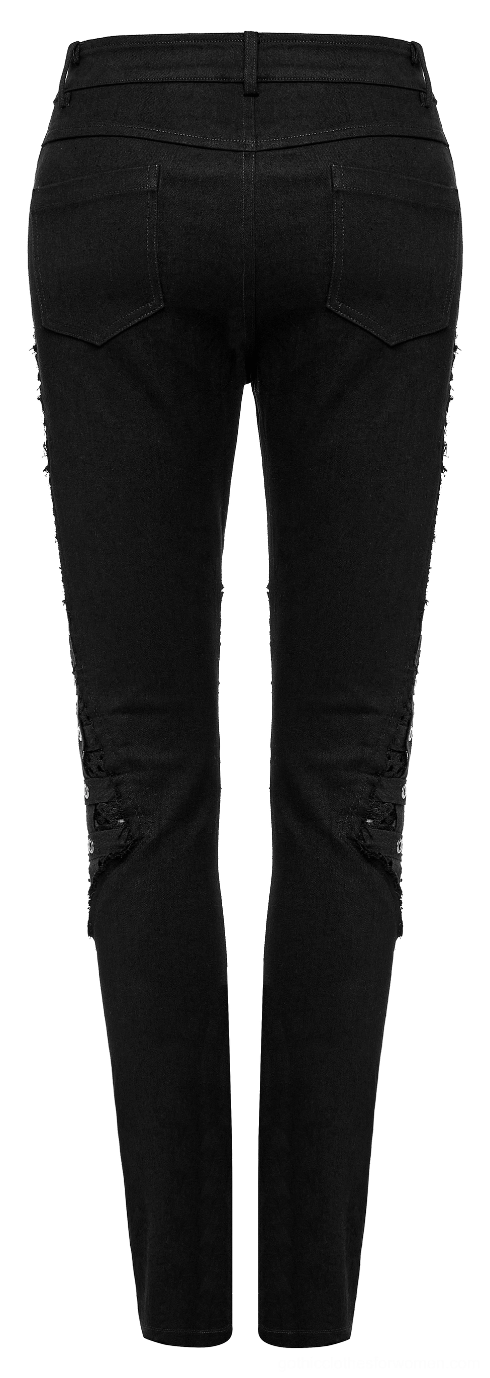 Black mesh grommet gothic skinny pants back flat lay - stitched back pocket detail