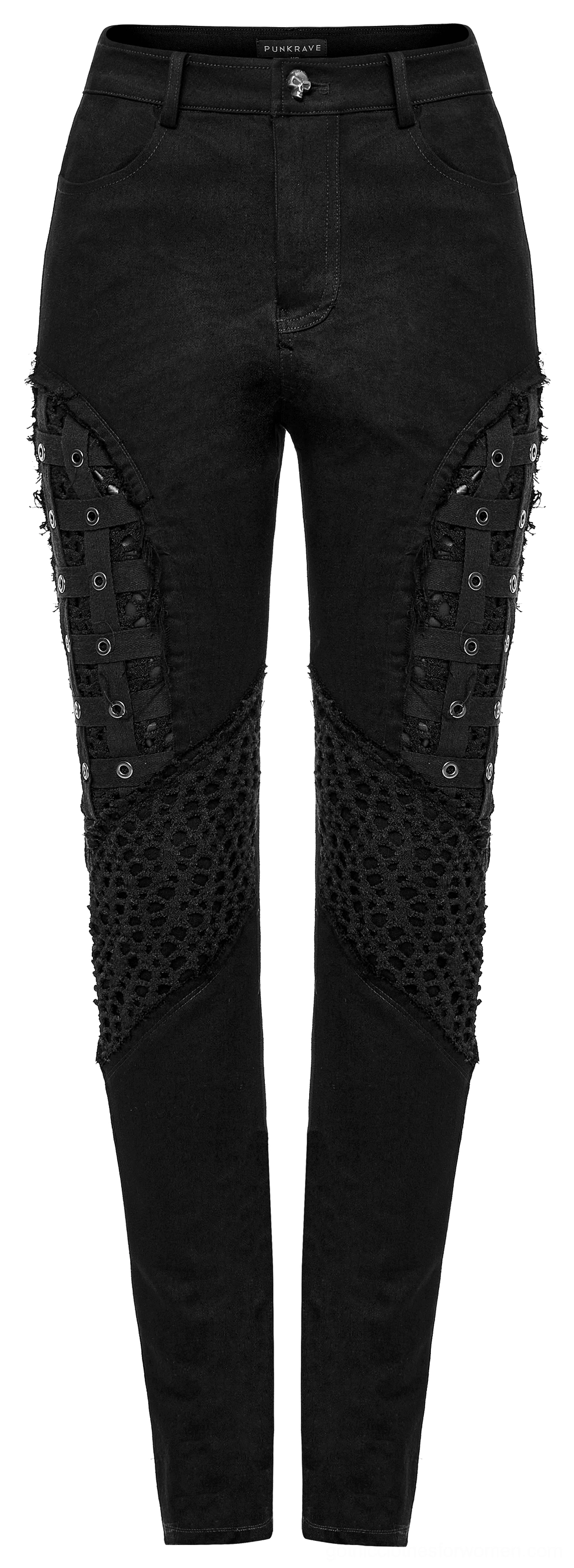Black mesh grommet gothic skinny pants flat lay back - functional pockets tailored fit