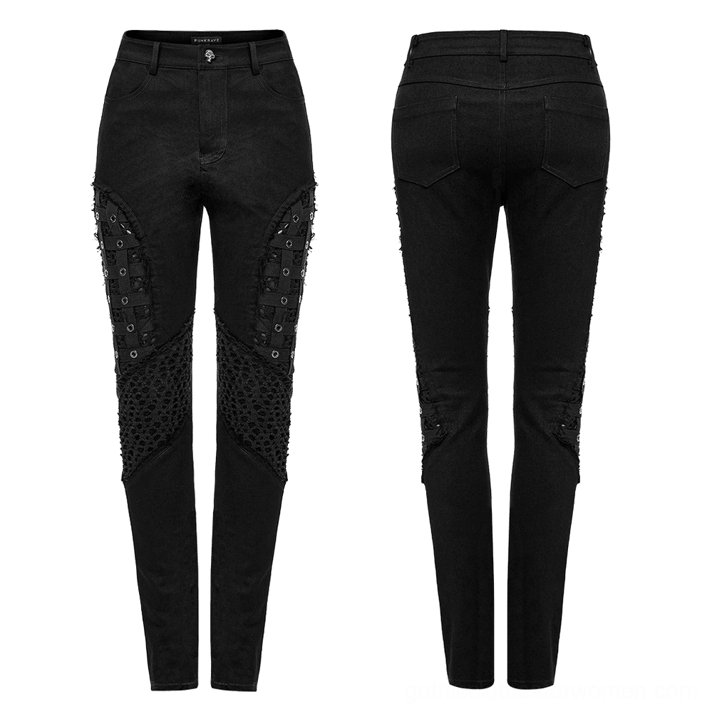 Black mesh grommet gothic skinny pants flat lay front - high waisted industrial design