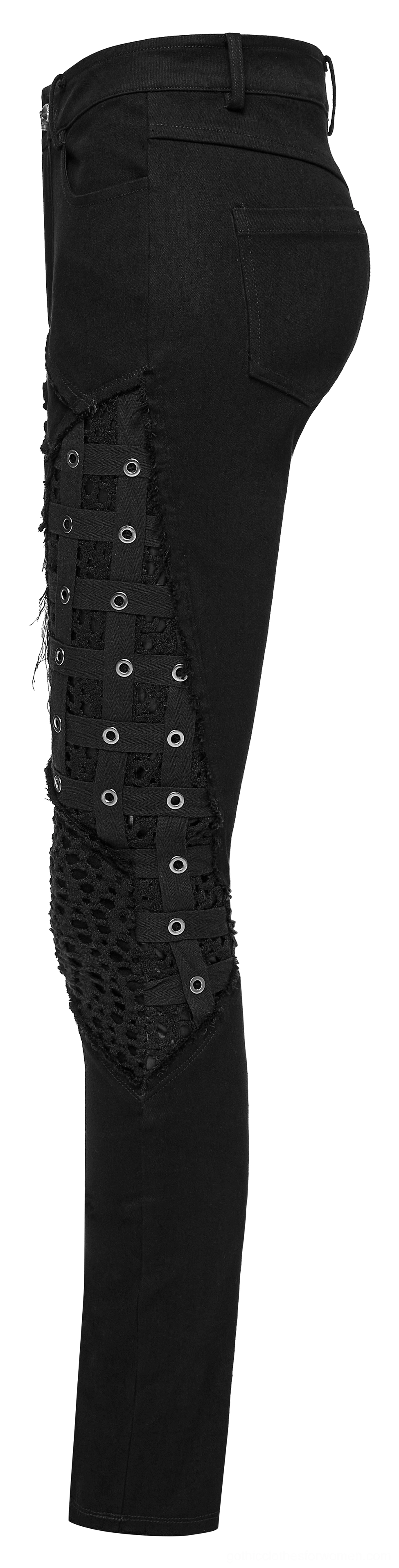 Black mesh grommet gothic skinny pants side view flat lay - side knee mesh panel detail