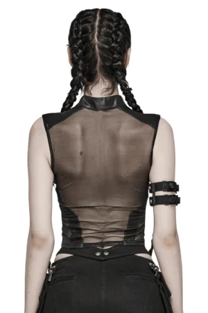 Black mesh crop top back view showing sheer mesh panel and high stand collar with waist detail