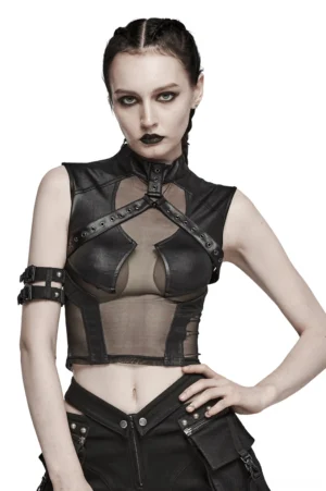 Black mesh harness crop top with eyelet chest straps and faux leather accents, shown on model in front view