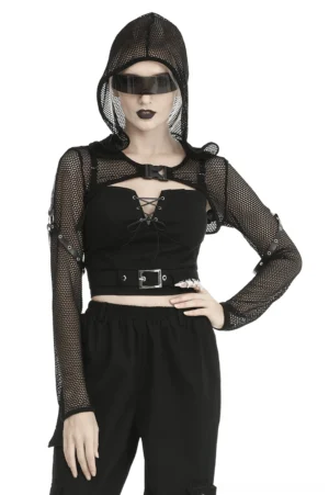 Black sheer mesh hooded cropped top with long sleeves, front view on model, cyberpunk aesthetic with futuristic styling