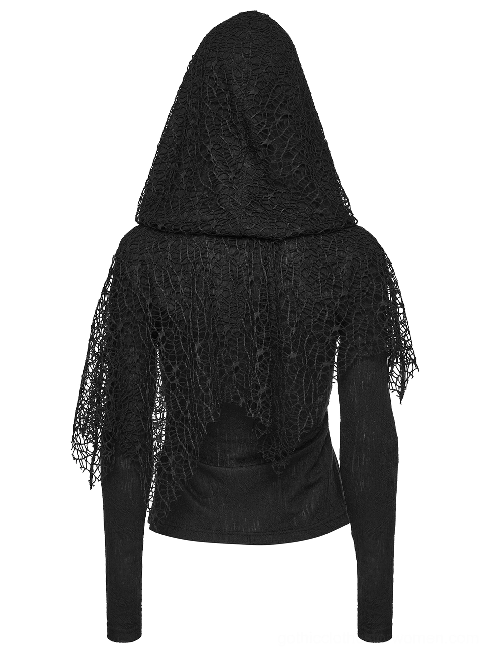 Black mesh gothic punk hoodie back static view displaying rear mesh overlay and cape design