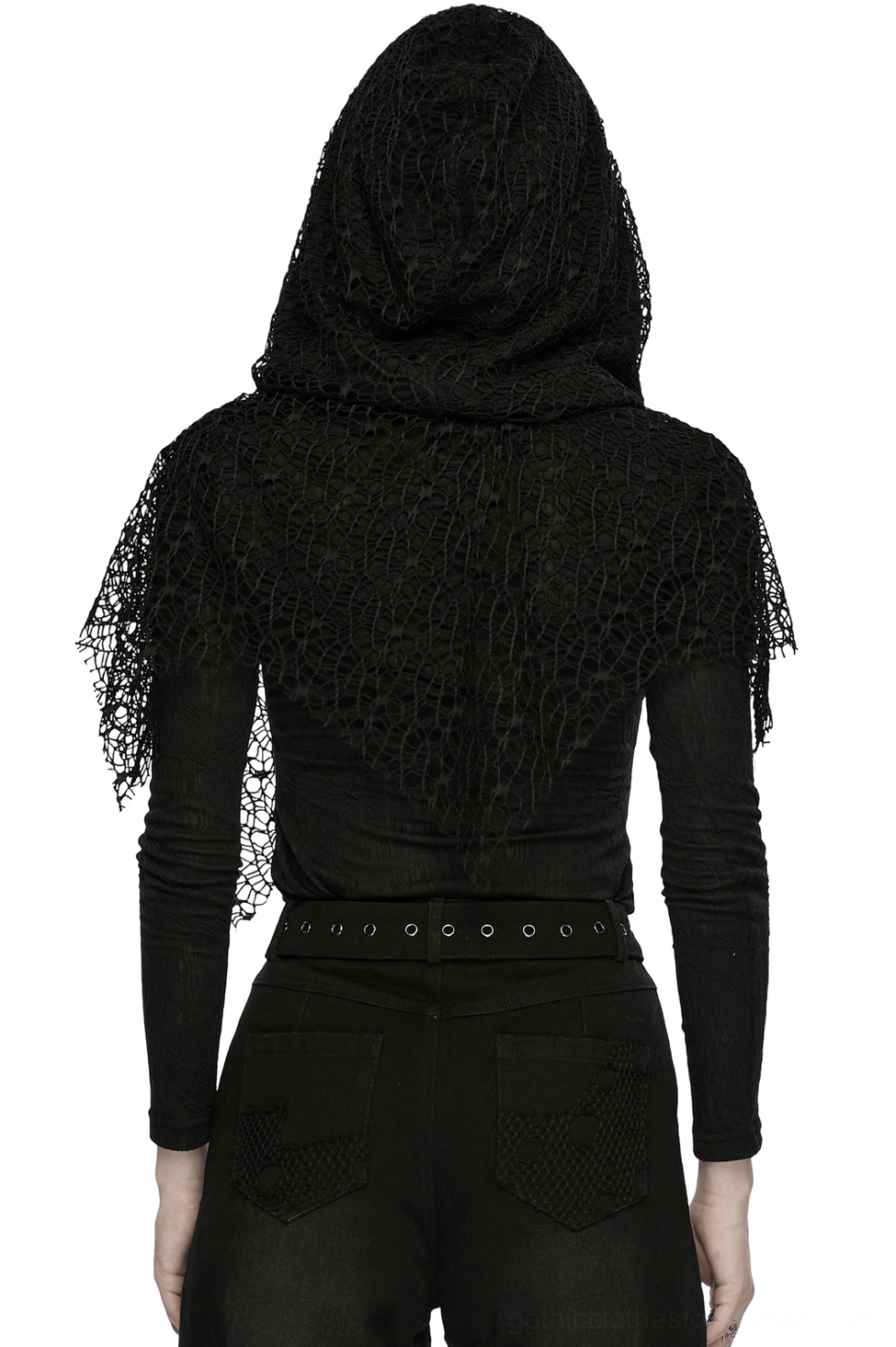 Black mesh gothic hoodie back view showing draped mesh capelet and layered design
