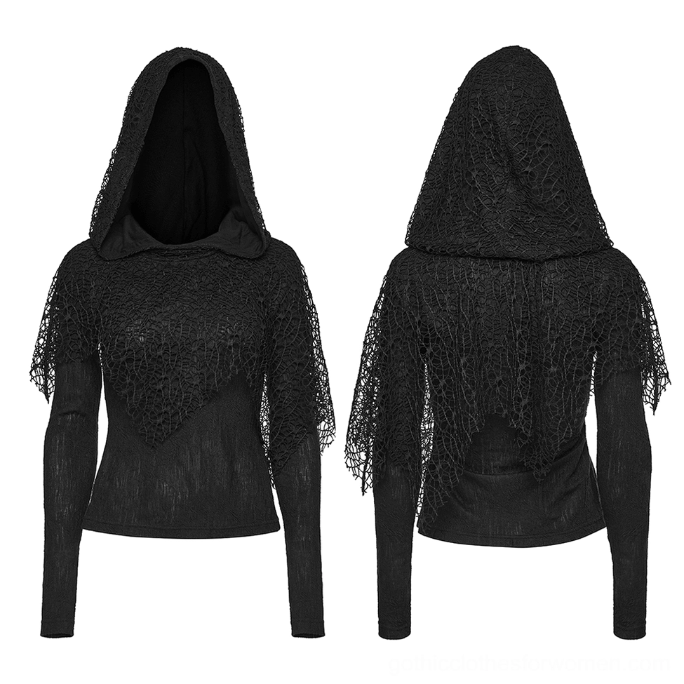 Black hooded gothic mesh punk top front and back dual view showing slim fit silhouette
