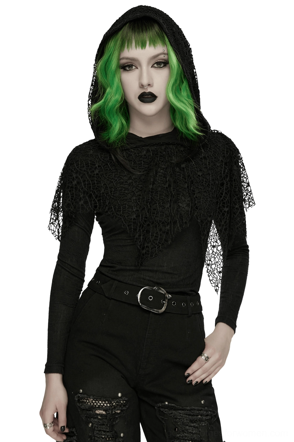 Black hooded mesh gothic punk top front view with oversized hood and cobweb mesh overlay detail on model with green hair