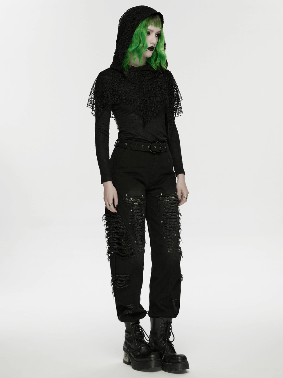 Black hooded mesh punk top on model showing overall silhouette and dark aesthetic appeal