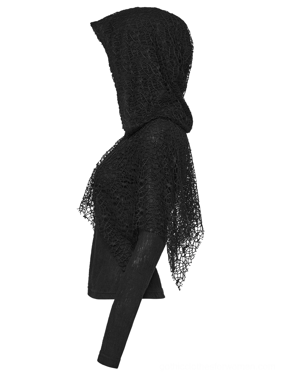 Black gothic mesh hooded top side view showing draped mesh details and construction
