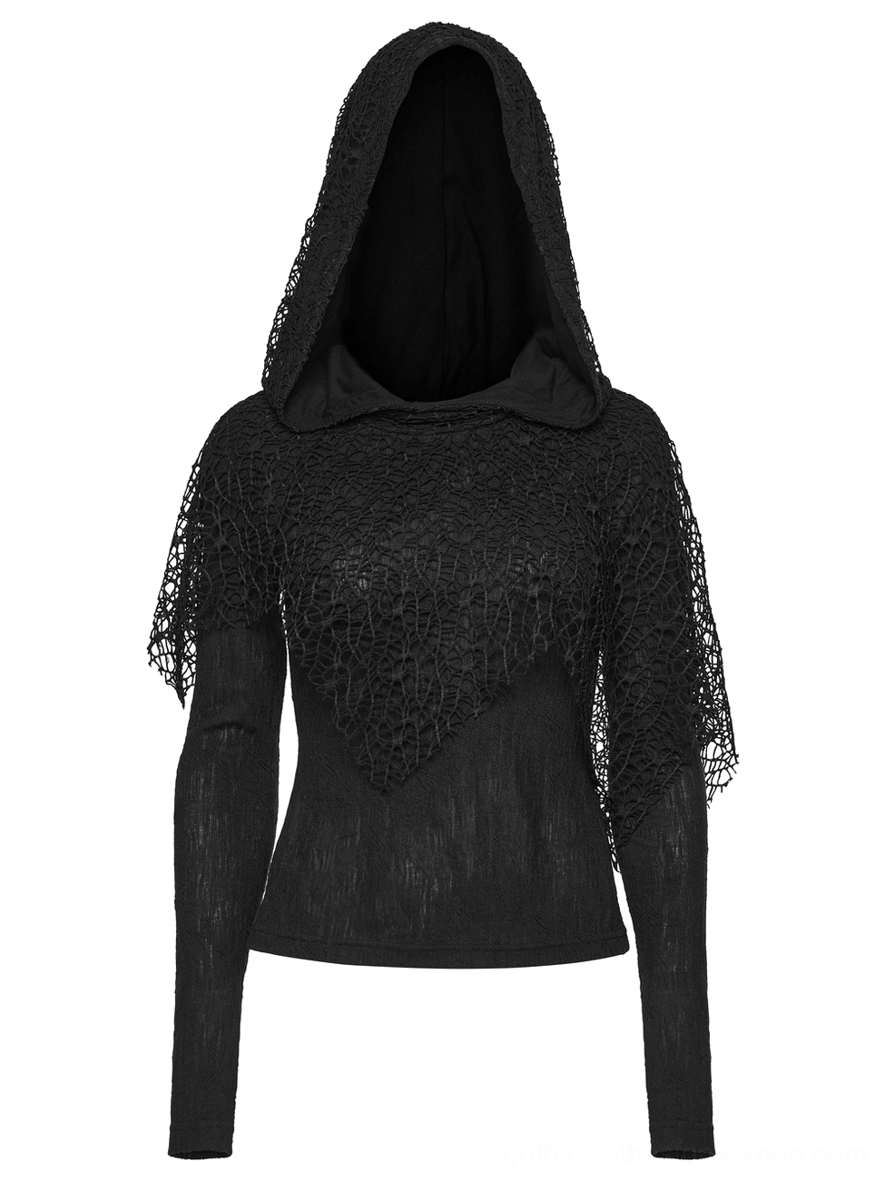 Black hooded mesh punk top front static view featuring cobweb mesh hood and overlay details