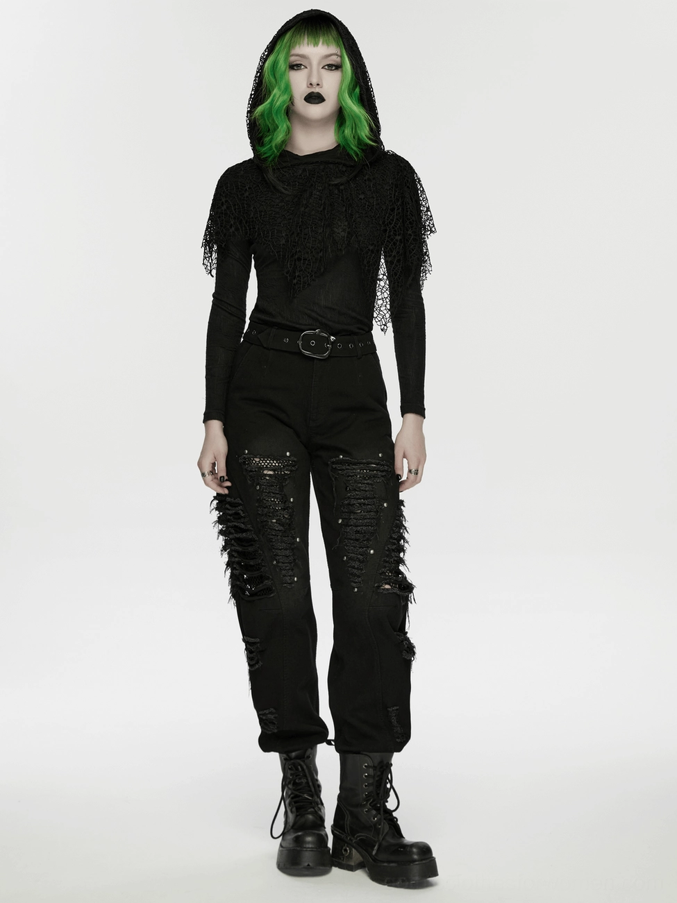 Black mesh gothic hoodie worn styling showing how to wear with alternative fashion elements