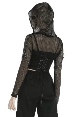 Black mesh hooded top back view showing long sheer sleeves and hood design on model, gothic alternative fashion