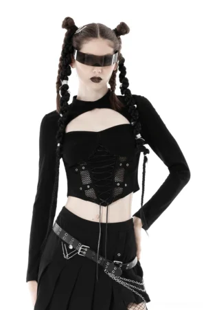 Black gothic mesh crop top with heart cutout and lace-up front, full front view on model with space buns