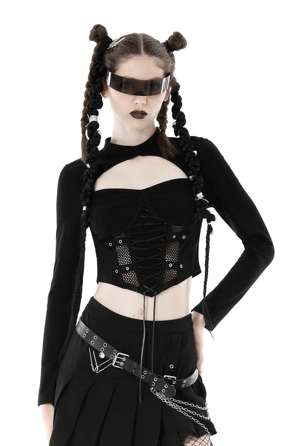 Black gothic mesh crop top with heart cutout and lace-up front, full front view on model with space buns