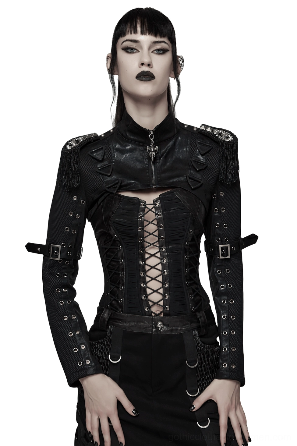 Black cropped mesh jacket with lace-up front cutout and studded shoulder details front view on model