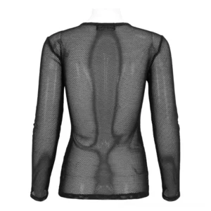 Black sheer mesh long sleeve gothic top back view - full-length sleeves and fitted hemmed edge with transparent mesh weave construction