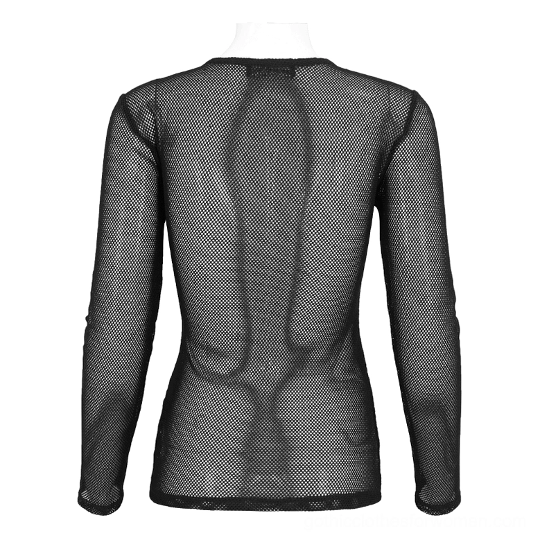 Black sheer mesh long sleeve gothic top back view - full-length sleeves and fitted hemmed edge with transparent mesh weave construction