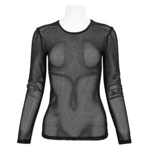 Black sheer mesh long sleeve gothic top front view - fitted silhouette with round neckline and transparent polyamide fabric on mannequin