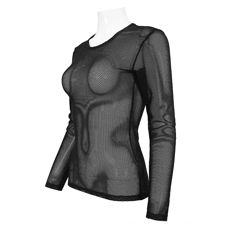 Black sheer mesh long sleeve gothic top side three-quarter view - see-through polyamide knit showing fitted silhouette and sleeve construction