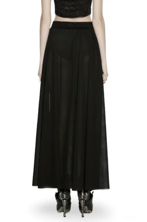 Black mesh floor-length maxi skirt back view showing elastic waistband and full drape of sheer mesh fabric