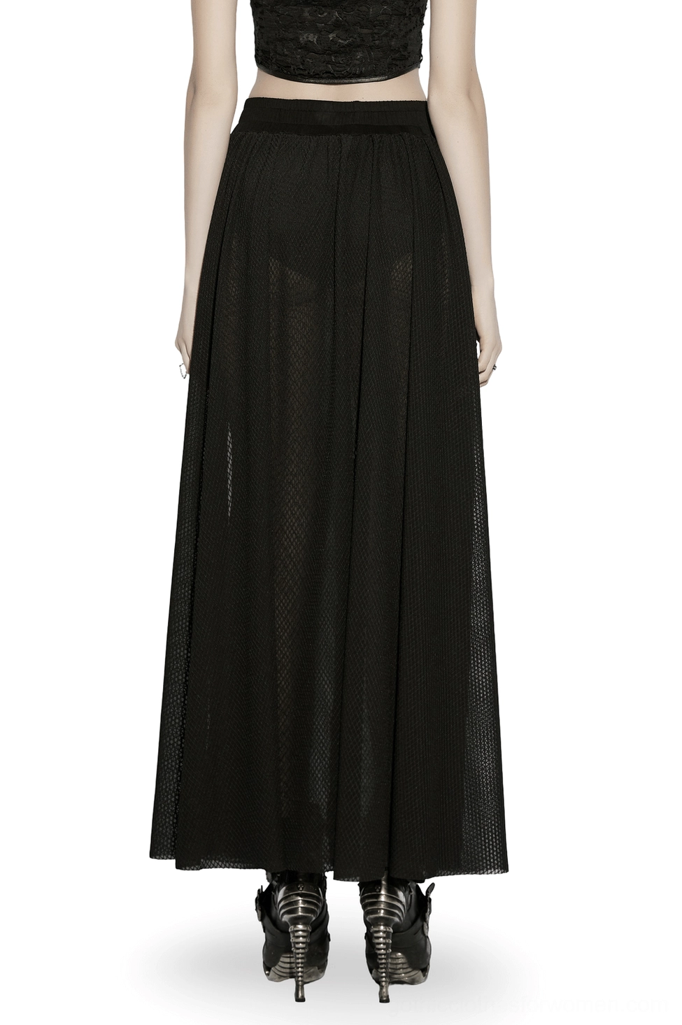 Black mesh floor-length maxi skirt back view showing elastic waistband and full drape of sheer mesh fabric