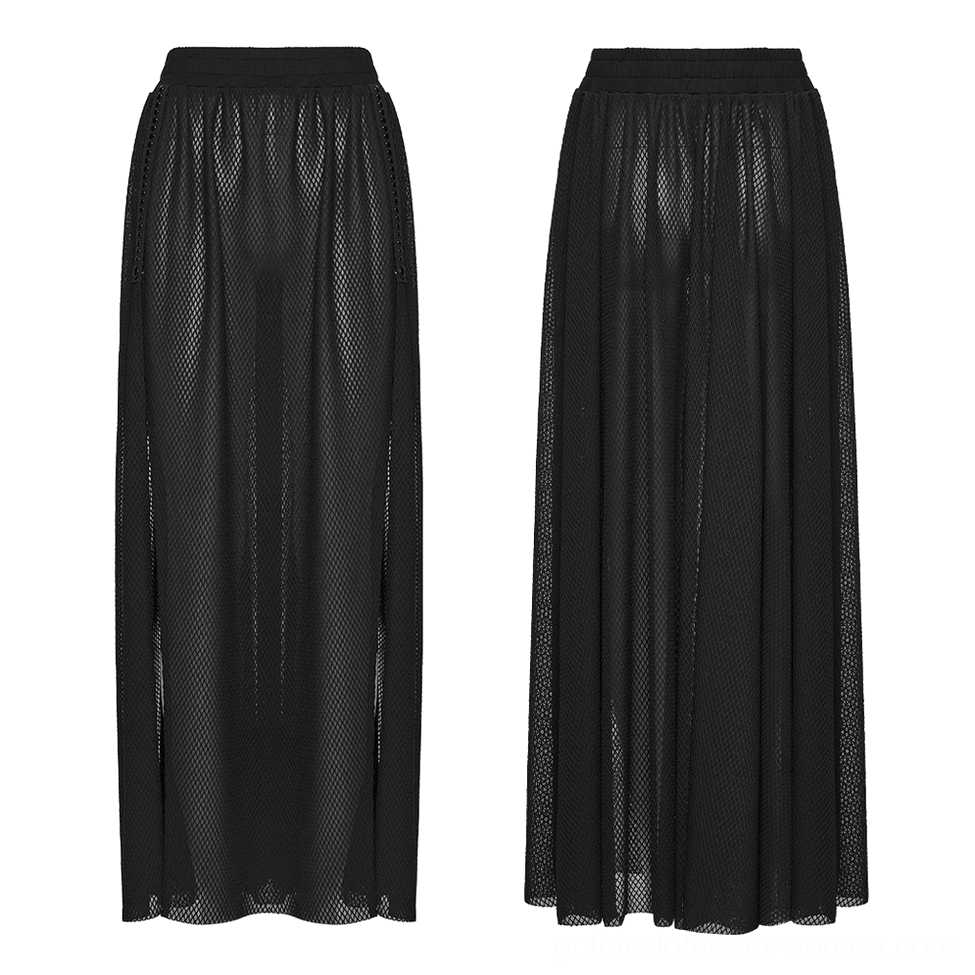 Black gothic mesh maxi skirt flat lay front display showing full silhouette and mesh texture detail