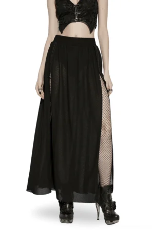 Black gothic mesh maxi skirt front view worn by model showing adjustable side slit and sheer layered design on white background