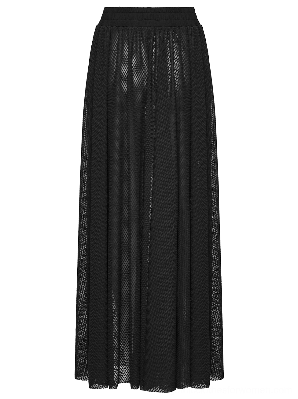 Black gothic mesh maxi skirt front display showing flowing mesh fabric and fitted waist