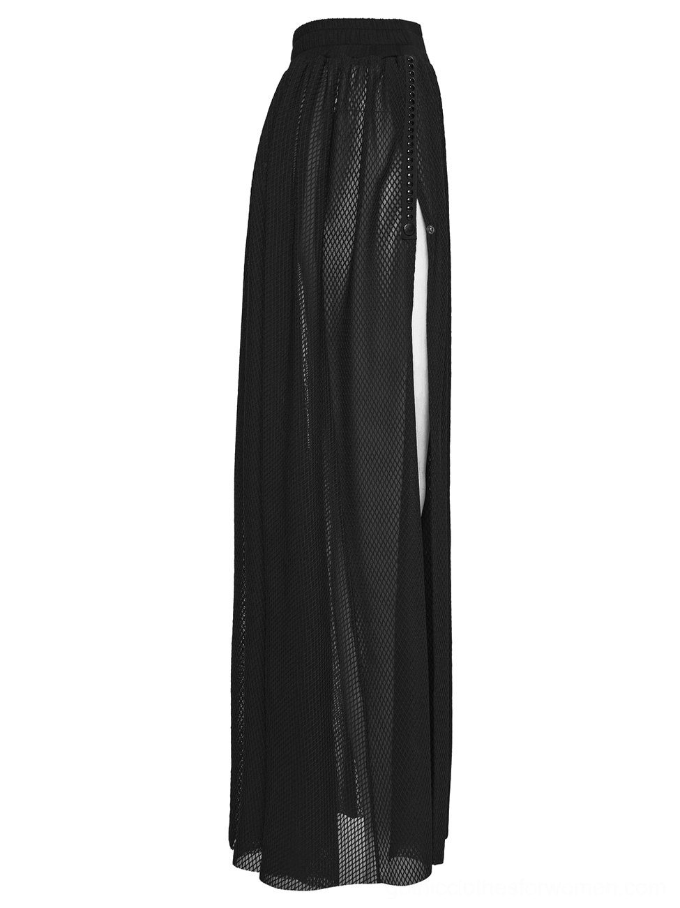 Black mesh maxi skirt side view showing high side slit detail and layered mesh fabric construction