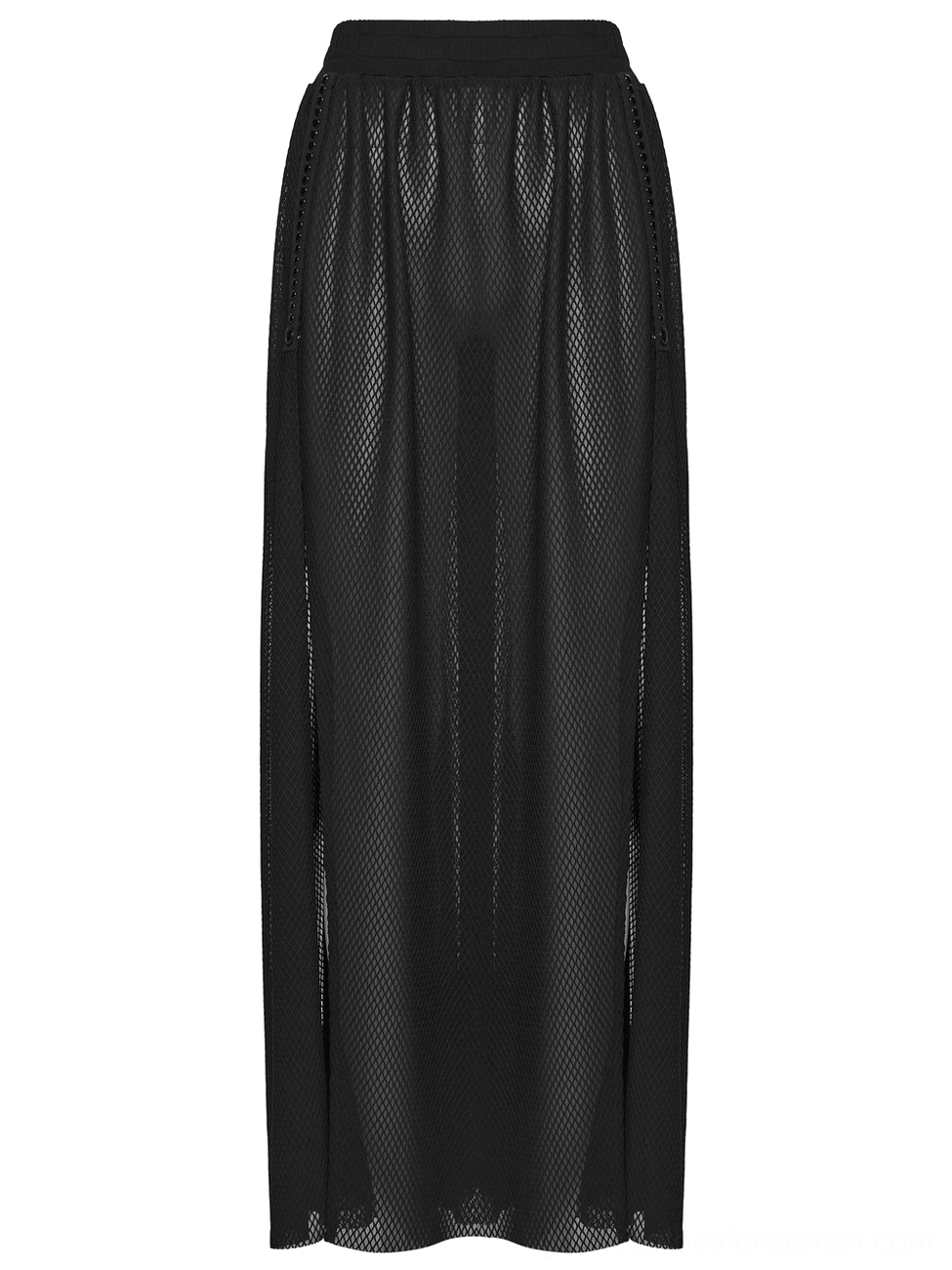 Black sheer mesh floor-length maxi skirt static display showing elastic waistband and complete drape