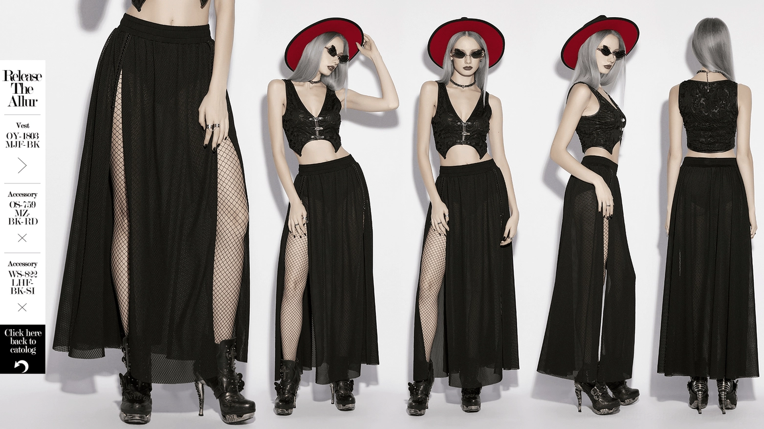 Black mesh maxi skirt detail shot highlighting mesh fabric texture and adjustable slit feature