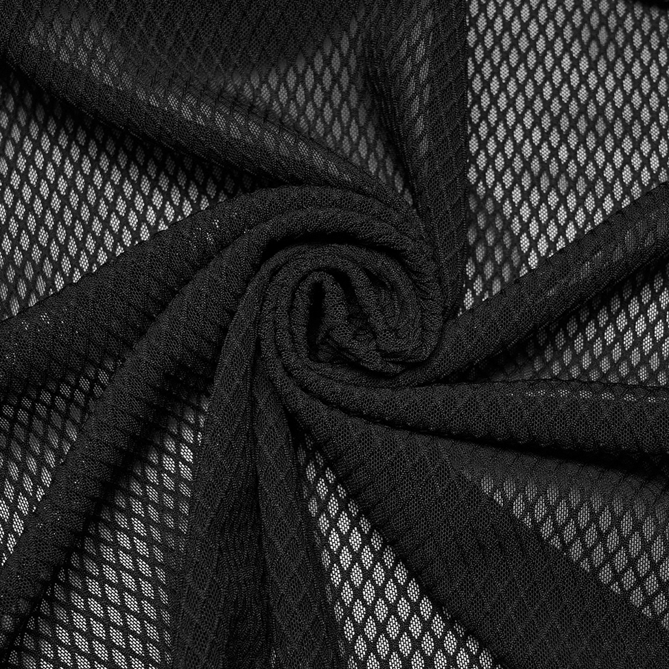 Black gothic mesh maxi skirt showing adjustable side slit and layered sheer mesh construction detail