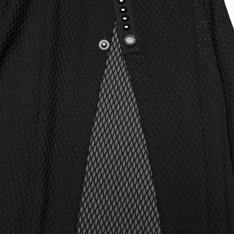 Close-up of adjustable snap button fastener on mesh skirt slit showing metal snap closure system