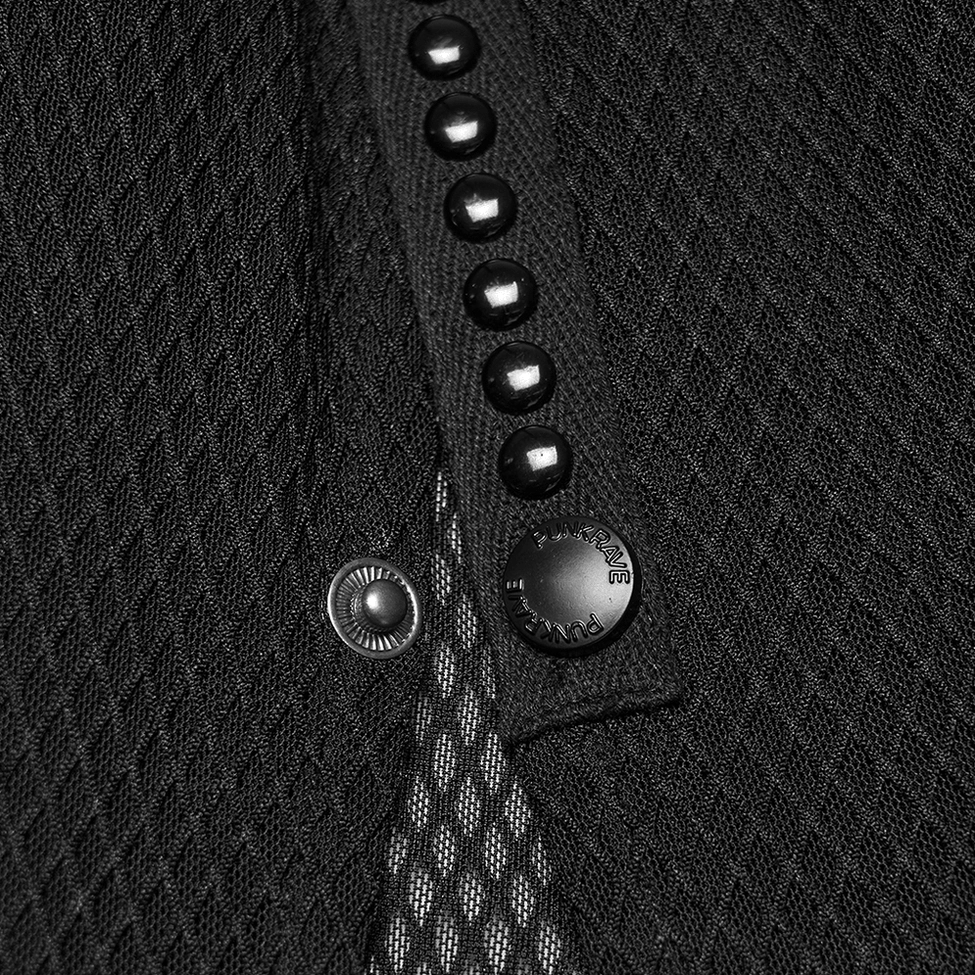 Macro close-up of metal snap buttons on gothic mesh skirt showing studded button row and mesh texture