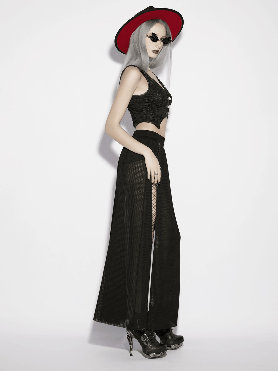 Black mesh maxi skirt showing elastic waistband construction and fitted silhouette design