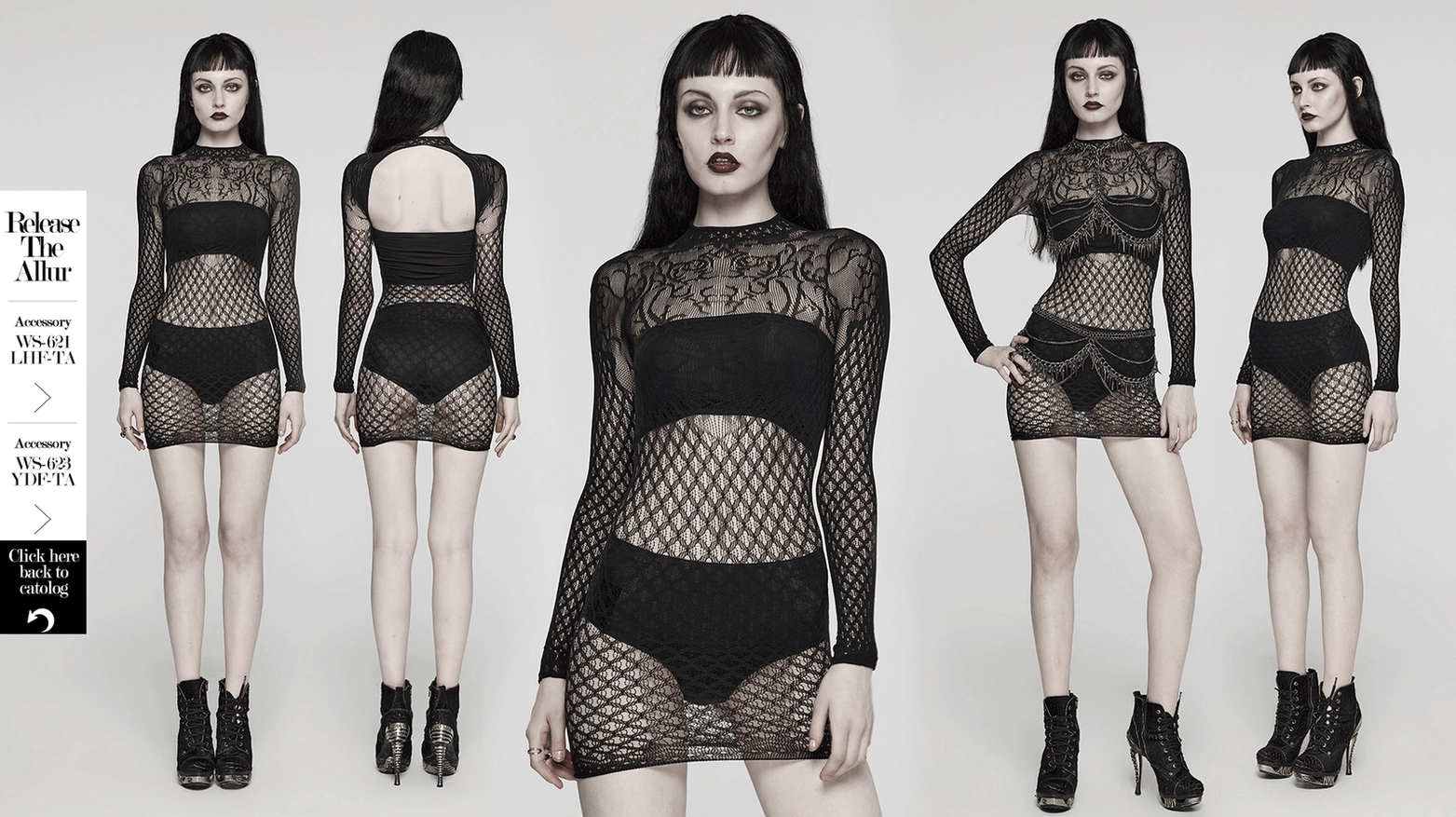 Black mesh mini dress product photography displaying full silhouette with vine lace accents and mesh construction