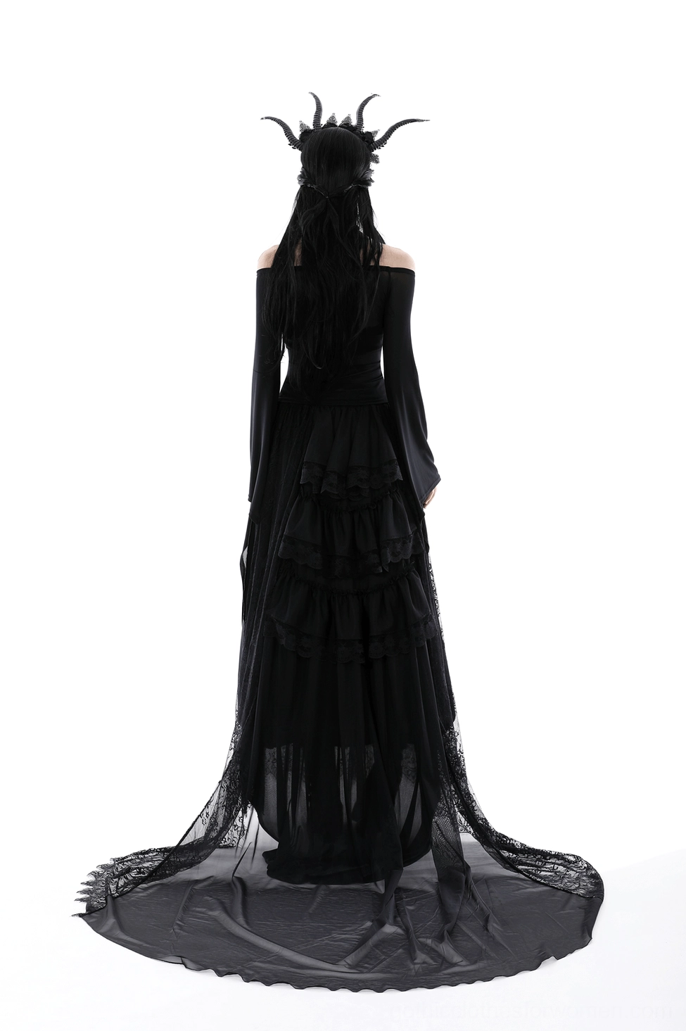 Black mesh off-shoulder gothic trumpet sleeve top back view with lace-up detail and flowing sleeves