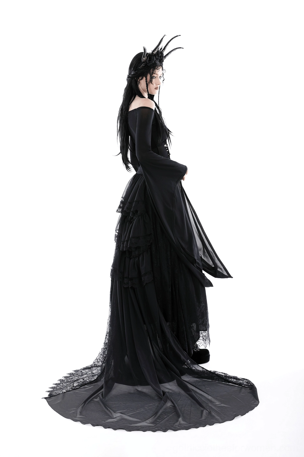 Black mesh off-shoulder gothic trumpet sleeve top detail view of neckline and shoulder construction