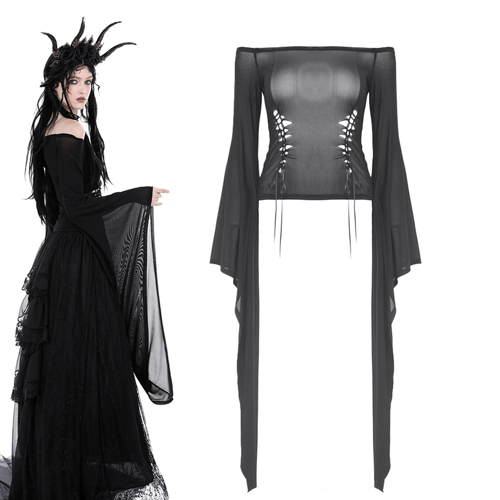 Black mesh off-shoulder gothic trumpet sleeve top rear side view showing extra long flared sleeves