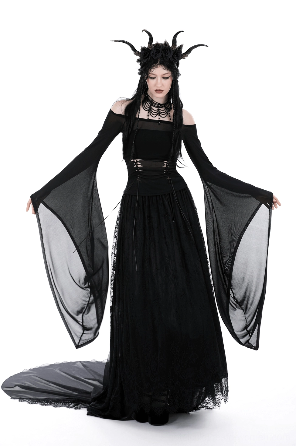 Black mesh off-shoulder gothic trumpet sleeve top side profile view showing elegant neckline