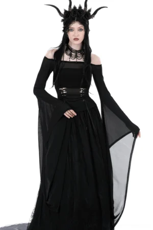 Black mesh off-shoulder gothic trumpet sleeve top front view on model with dark horned headdress