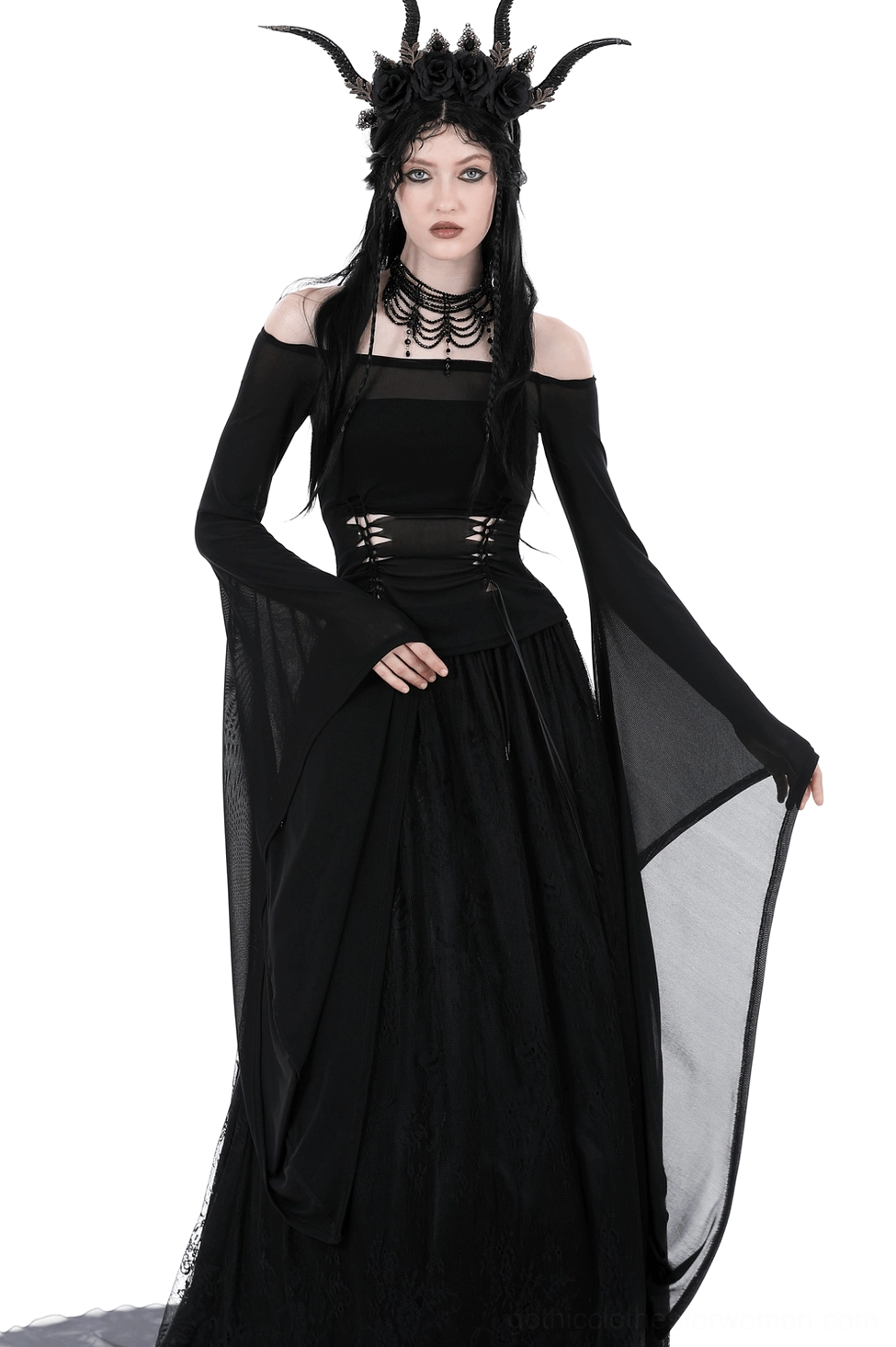 Black mesh off-shoulder gothic trumpet sleeve top front view on model with dark horned headdress
