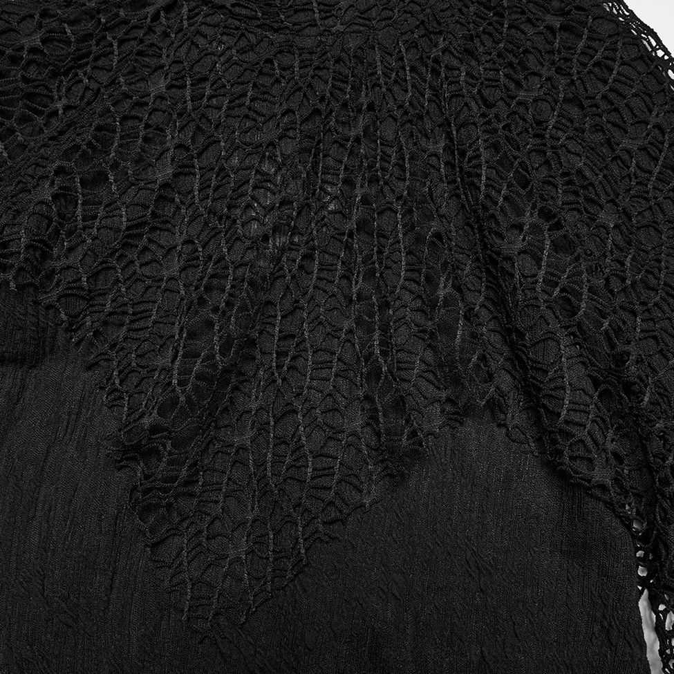 Cobweb mesh fabric close-up detail showing frayed mesh texture and craftsmanship
