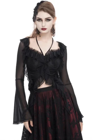 Black ruffled mesh crop top front view - sheer bell sleeves with lace-up back detail, alternative gothic fashion for women