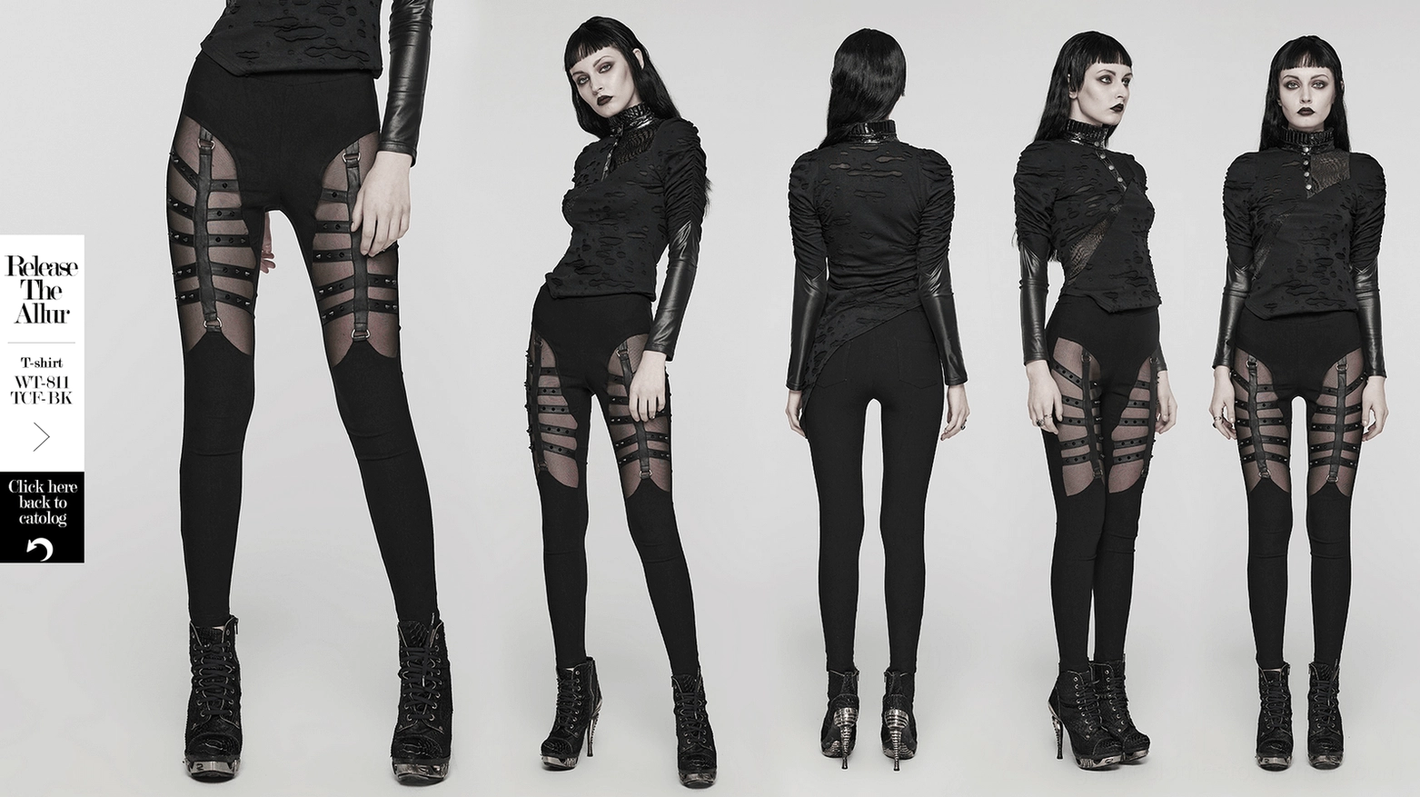 Black mesh studded gothic leggings product showcase, skeleton strap and mesh panel highlight